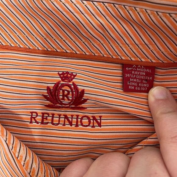 Reunion Shirt Mens 2XL XXL Orange Striped Modal Blend Button Up Hong Kong * - Picture 4 of 9